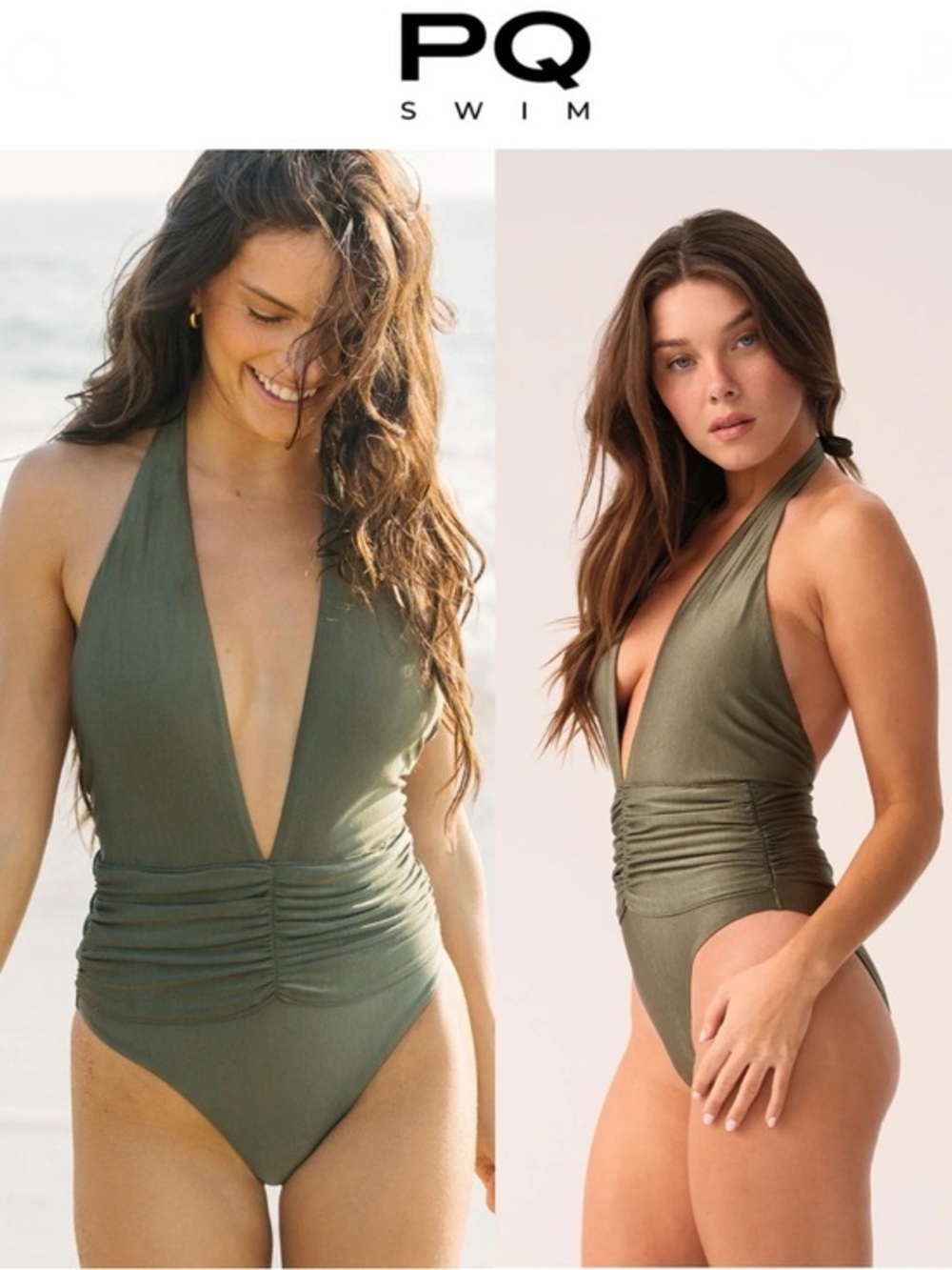 PQ Swim Isabel Plunge Halter Ruched One-Piece Shimmer Olive Green Sz L $172
